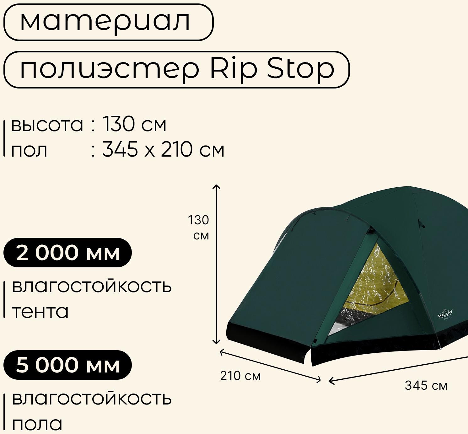 Палатка туристическая, трекинговая maclay PEAK 3, 3-местная, с тамбуром