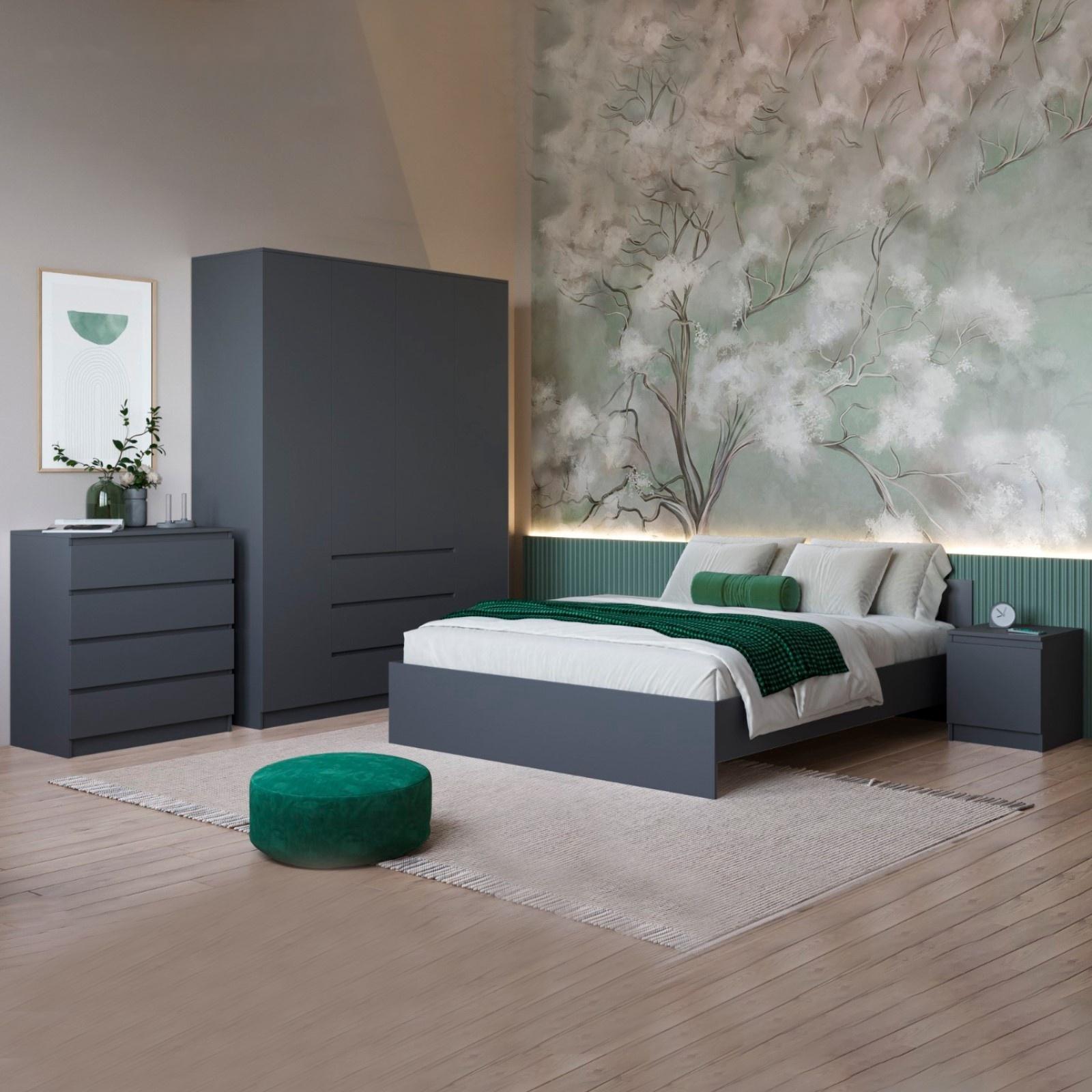 Спальный гарнитур «Мадера», шкаф четырёхстворчатый, кровать 160×200, комод, тумба прикроватная, графит
