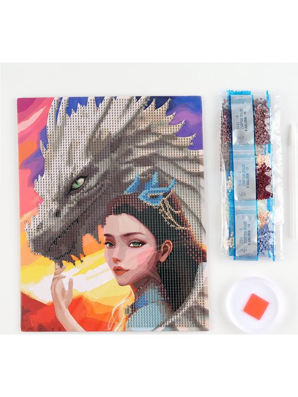 Алмазная мозаика с частичным заполнением на картонной основе «Девушка с драконом», 20 х 25 см