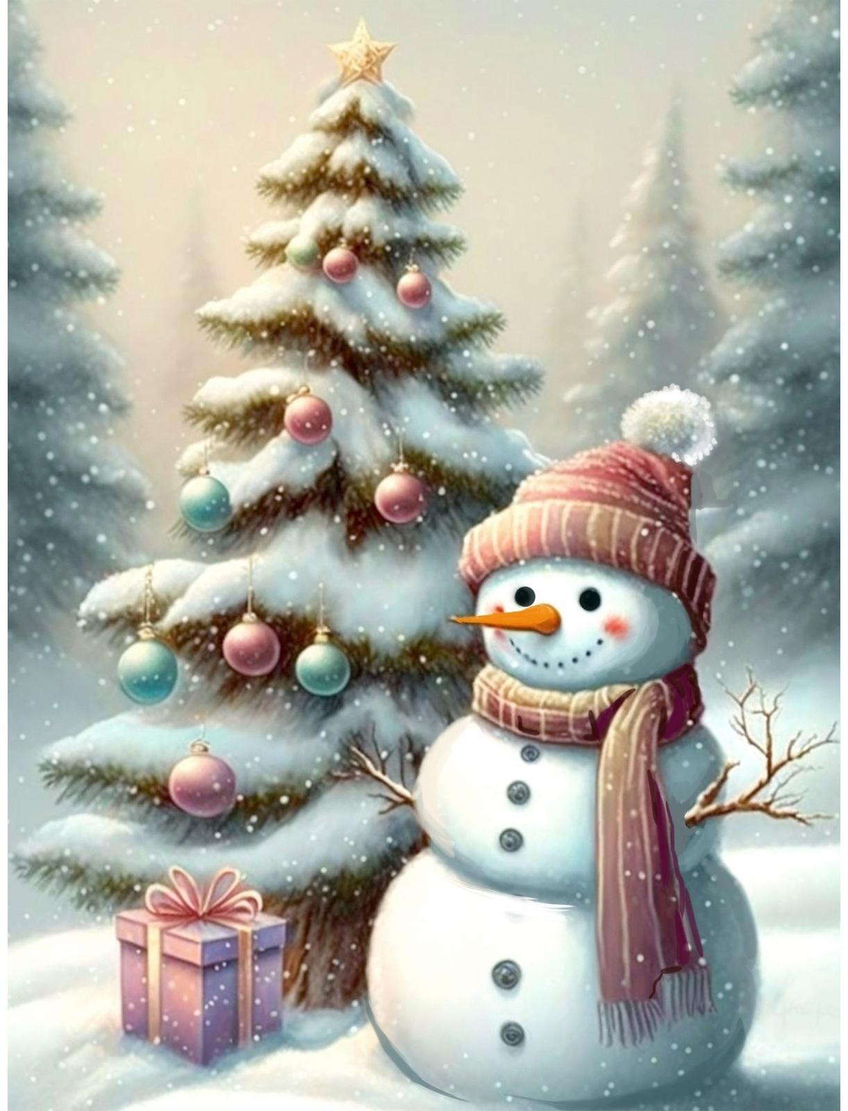 Алмазная мозаика на новый год с частичным заполнением на холсте «Снеговик», 30 х 40 см, набор для творчества