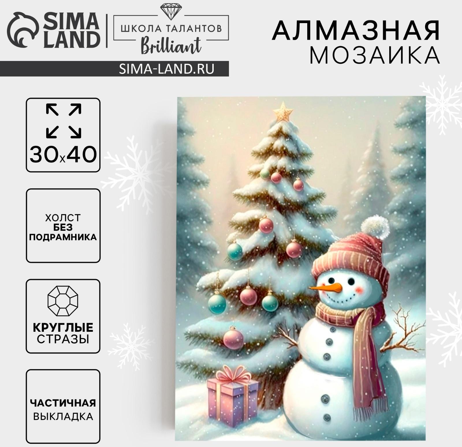 Алмазная мозаика на новый год с частичным заполнением на холсте «Снеговик», 30 х 40 см, набор для творчества