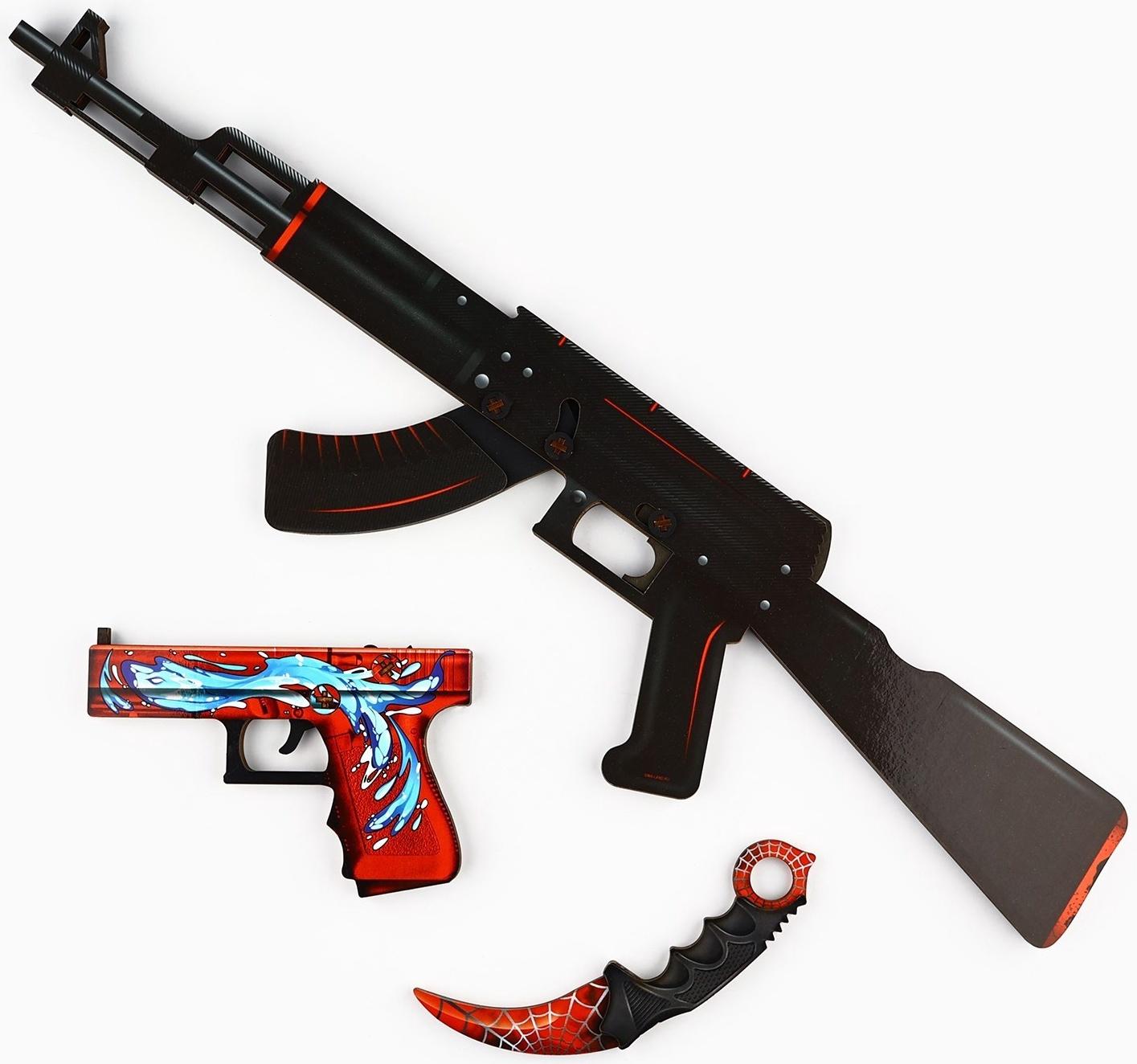 Деревянное оружие, детское сувенирное «Красный и Чёрный», автомат, пистолет, керамбит, набор 3 шт