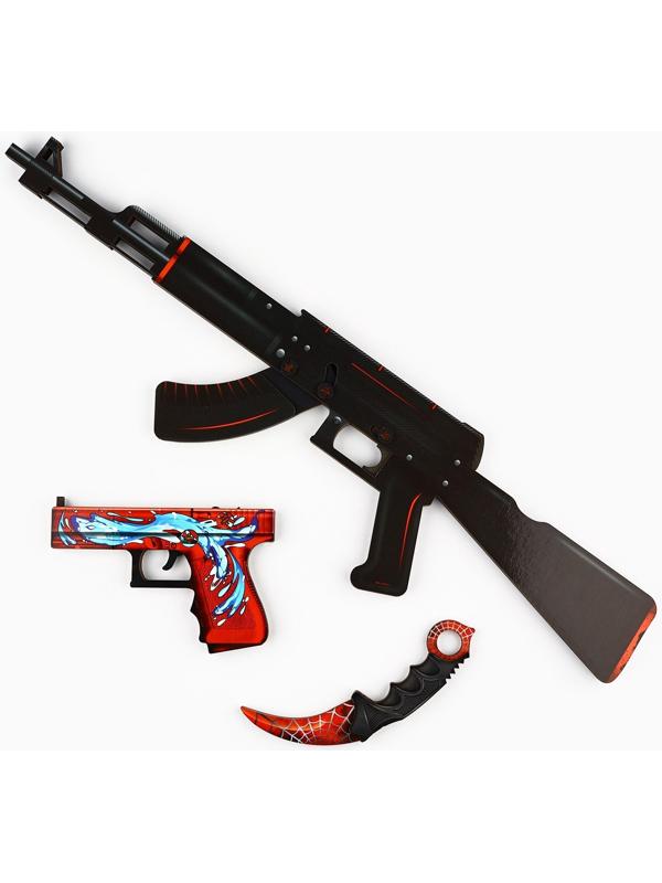 Деревянное оружие, детское сувенирное «Красный и Чёрный», автомат, пистолет, керамбит, набор 3 шт