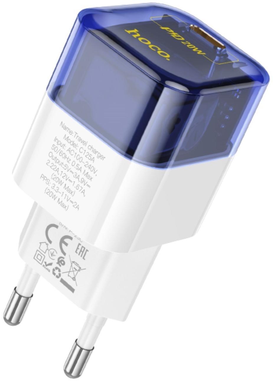 Сетевое зарядное устройство Hoco C125A, 1 Type-C, 20 Вт, прозрачное, PD + QC, синие