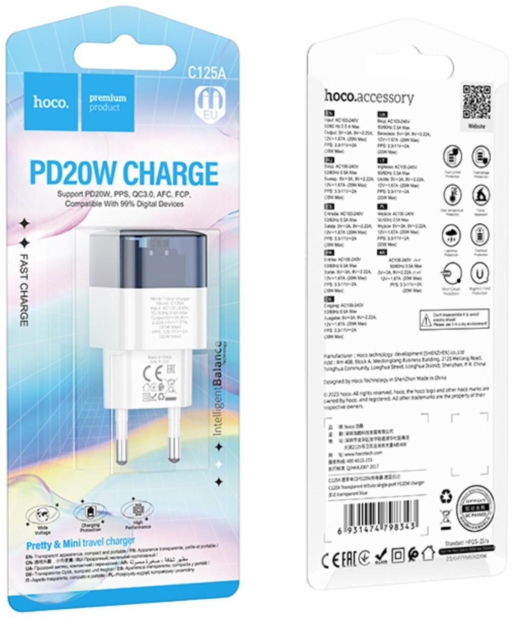 Сетевое зарядное устройство Hoco C125A, 1 Type-C, 20 Вт, прозрачное, PD + QC, синие