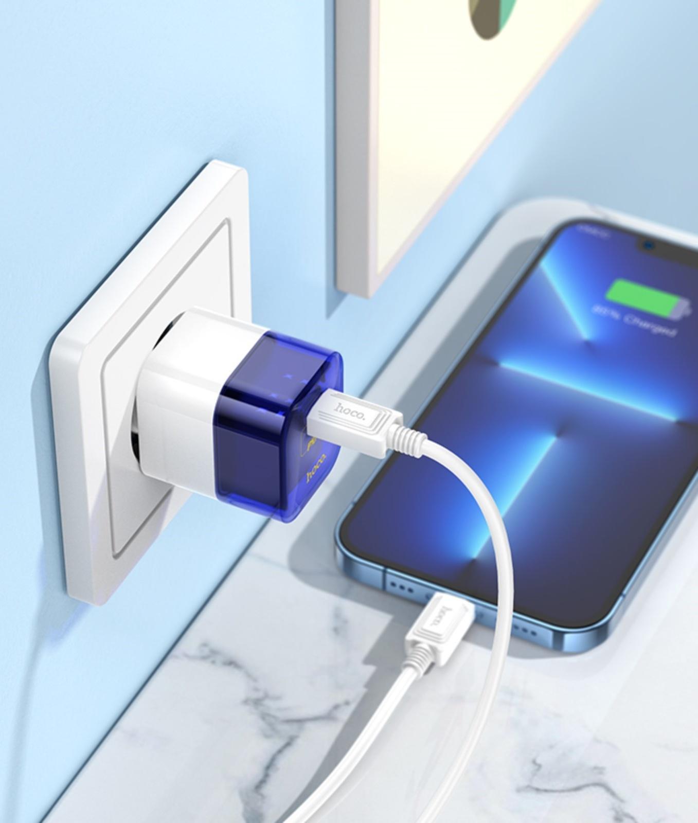 Сетевое зарядное устройство Hoco C125A, 1 Type-C, 20 Вт, прозрачное, PD + QC, синие