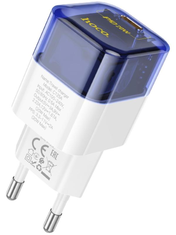 Сетевое зарядное устройство Hoco C125A, 1 Type-C, 20 Вт, прозрачное, PD + QC, синие