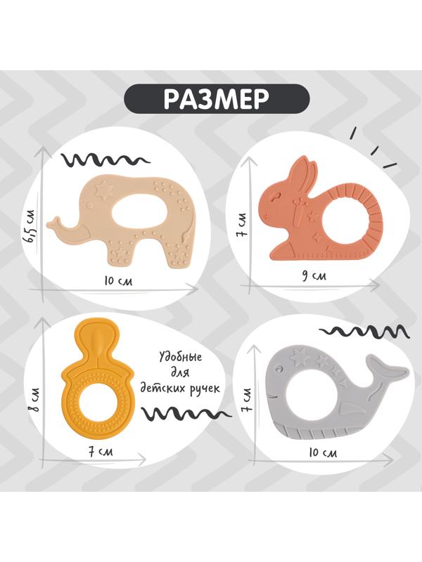 Набор прорезывателей для зубов «Зверята», бутылочка, силиконовый шнурок, в контейнере, 4 шт.