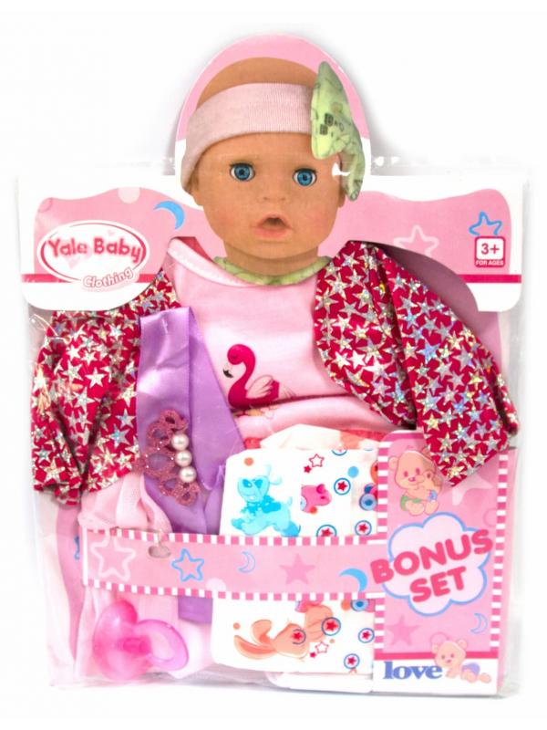 Комплект Одежды для куклы Yale baby Clothing BLC207L Платье, повязка, кофточка, штанишки, корона, соска, памперс