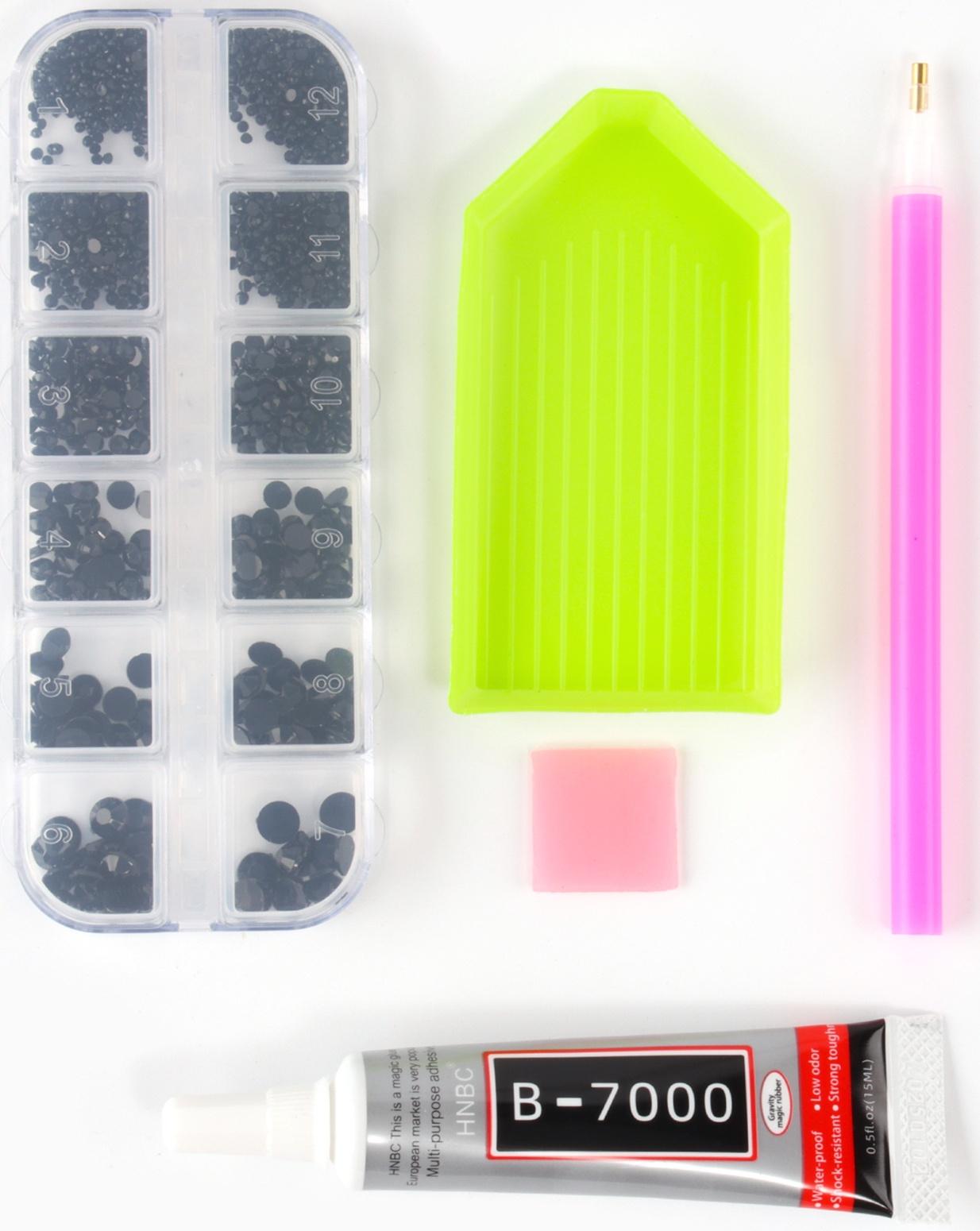 Стразы для творчества холодной фиксации с инструментами и клеем, цвет черный, размер от 1,5-6 мм, подходят для лица и ногтей