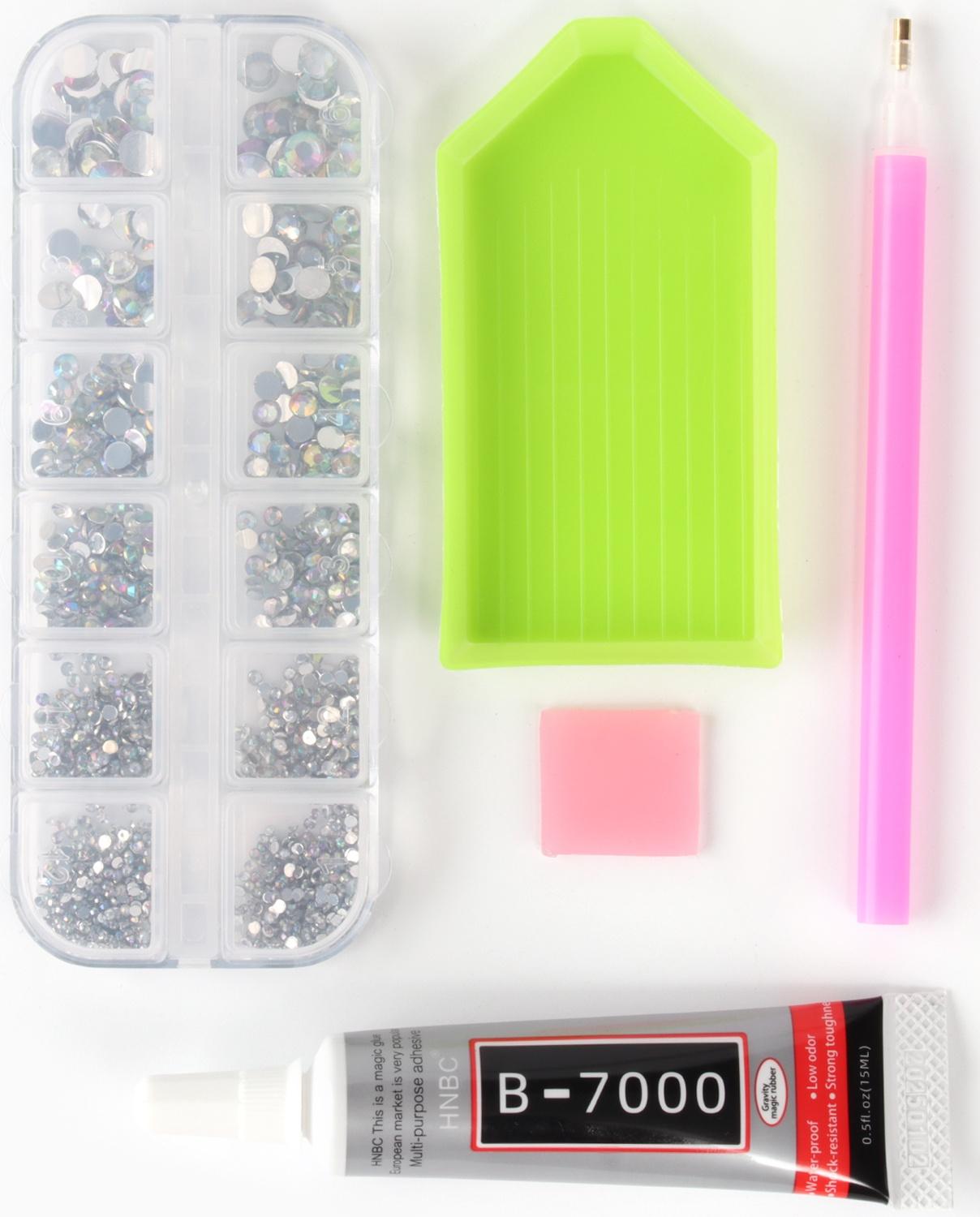 Стразы для творчества холодной фиксации с инструментами и клеем, цвет белый AB, размер от 1,5-6 мм, подходят для лица и ногтей