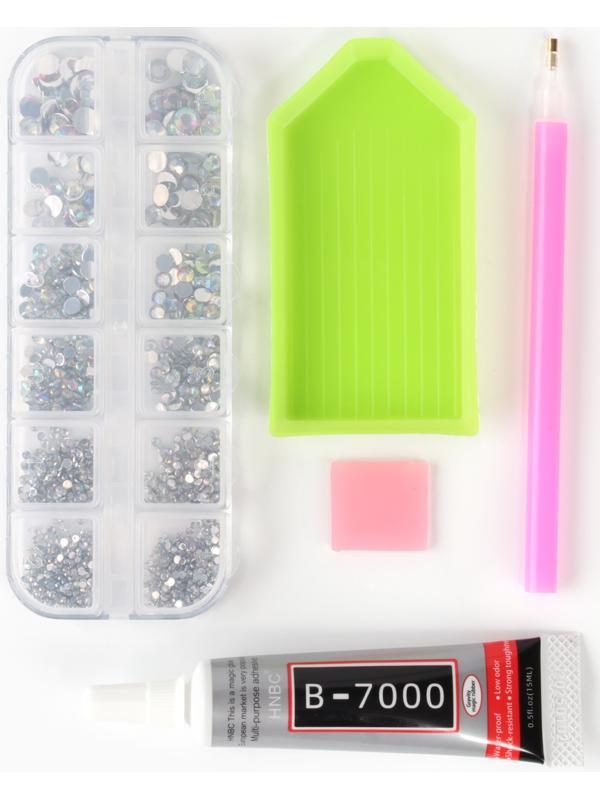 Стразы для творчества холодной фиксации с инструментами и клеем, цвет белый AB, размер от 1,5-6 мм, подходят для лица и ногтей