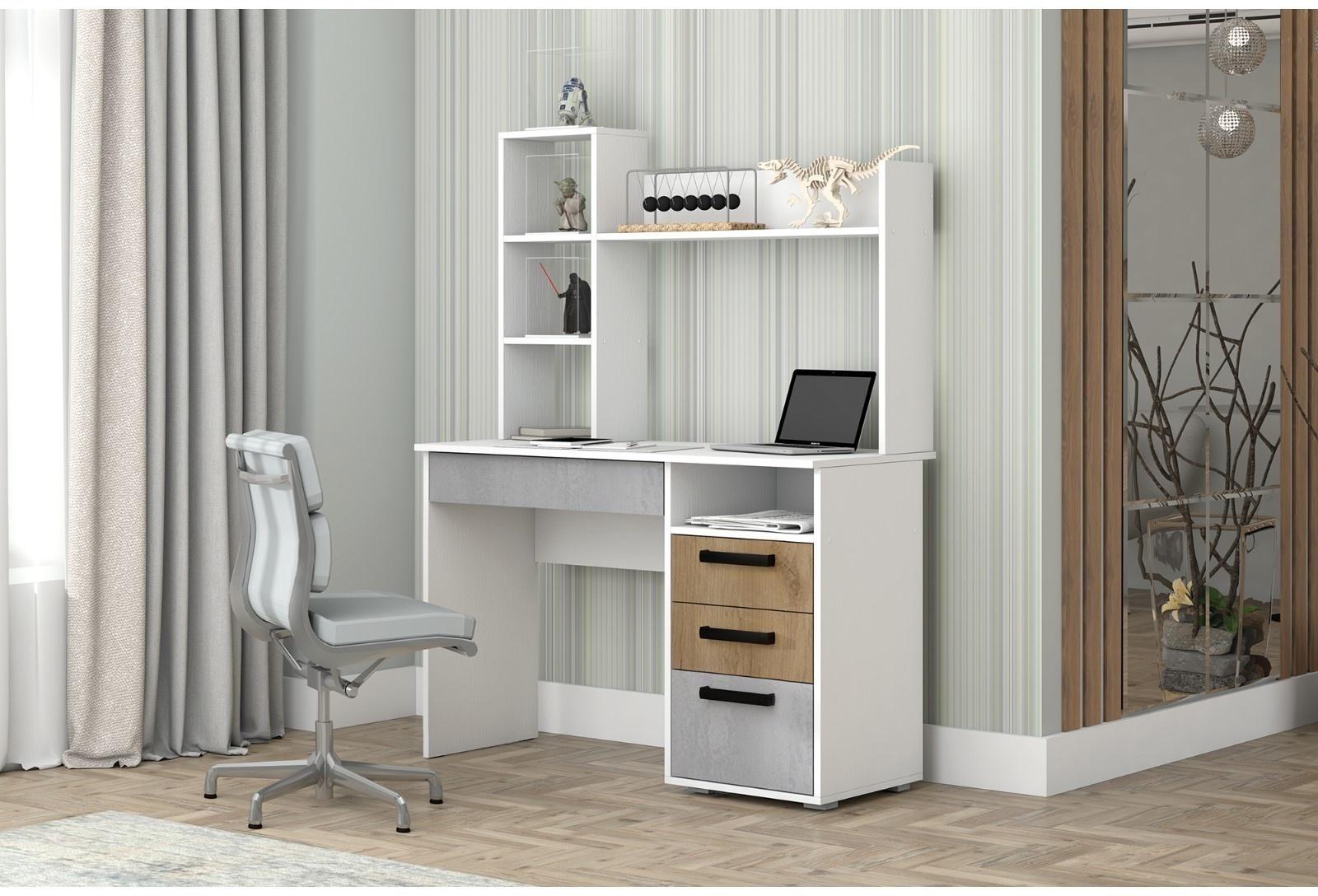 Стол компьютерный Юпитер с тумбой, 1100х544х768, Белый/Крафт золотой/Бетон