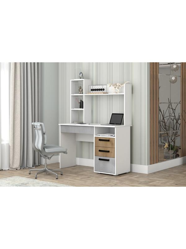 Стол компьютерный Юпитер с тумбой, 1100х544х768, Белый/Крафт золотой/Бетон