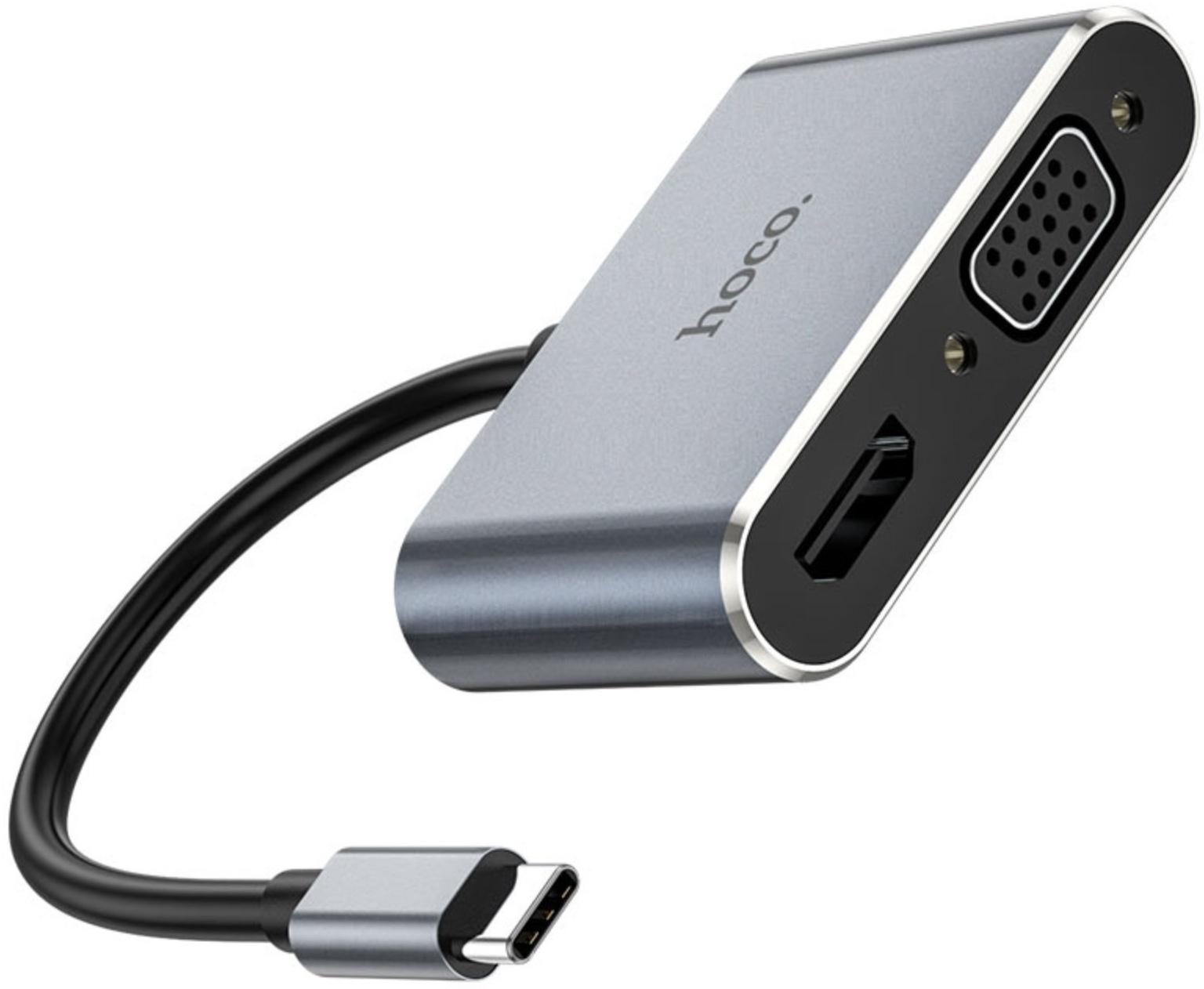 Адаптер Hoco HB30, HDMI/VGA/USB3.0/PD 15 см, серый