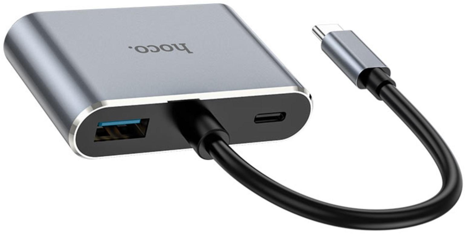 Адаптер Hoco HB30, HDMI/VGA/USB3.0/PD 15 см, серый