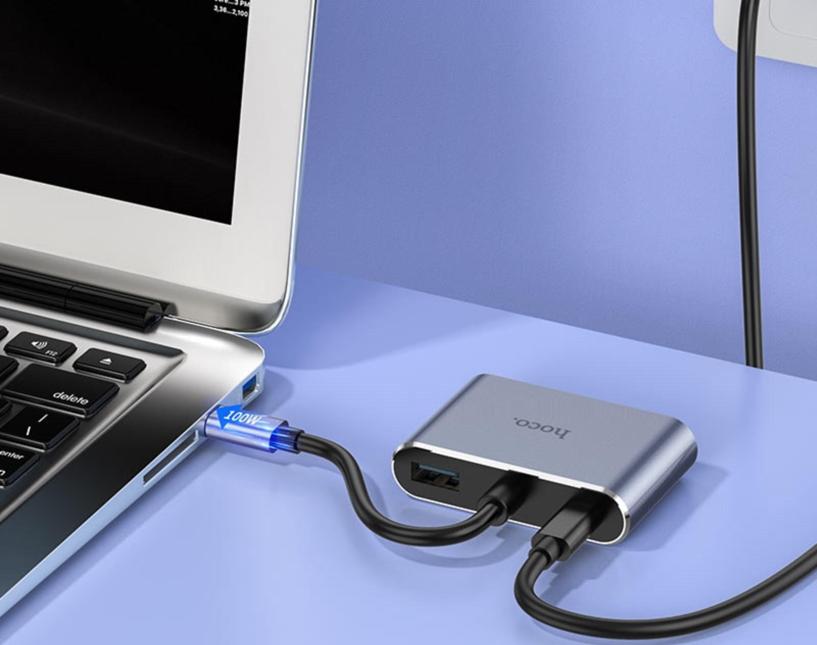 Адаптер Hoco HB30, HDMI/VGA/USB3.0/PD 15 см, серый