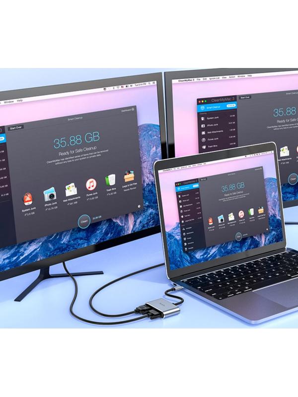 Адаптер Hoco HB30, HDMI/VGA/USB3.0/PD 15 см, серый