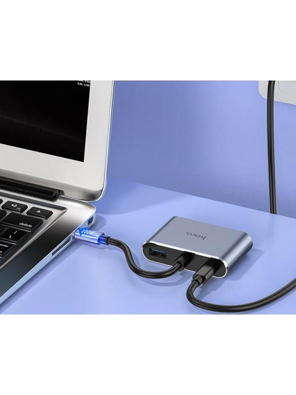 Адаптер Hoco HB30, HDMI/VGA/USB3.0/PD 15 см, серый