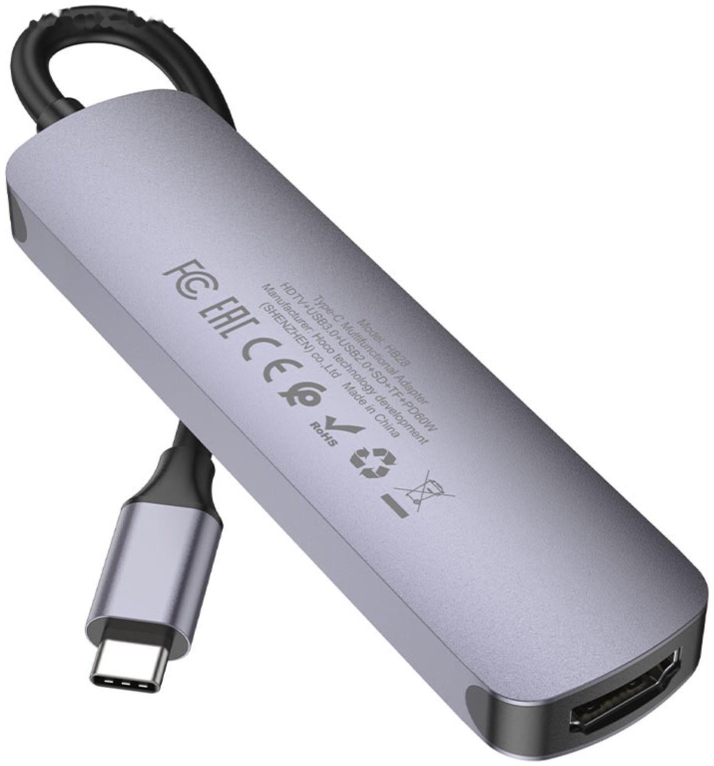 Адаптер Hoco HB28, HDMI/USB3.0/USB2.0/SD/TF/PD, 60 Вт, 3 А, 13.5 см, серый