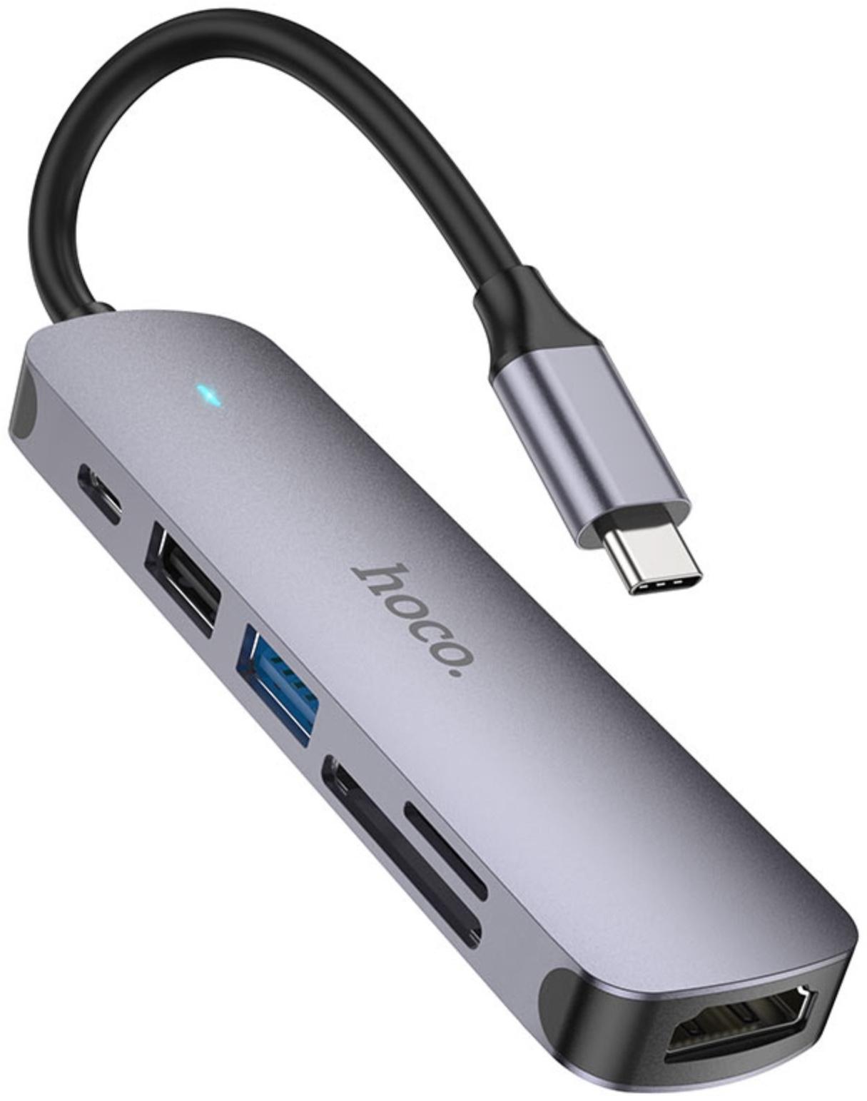 Адаптер Hoco HB28, HDMI/USB3.0/USB2.0/SD/TF/PD, 60 Вт, 3 А, 13.5 см, серый
