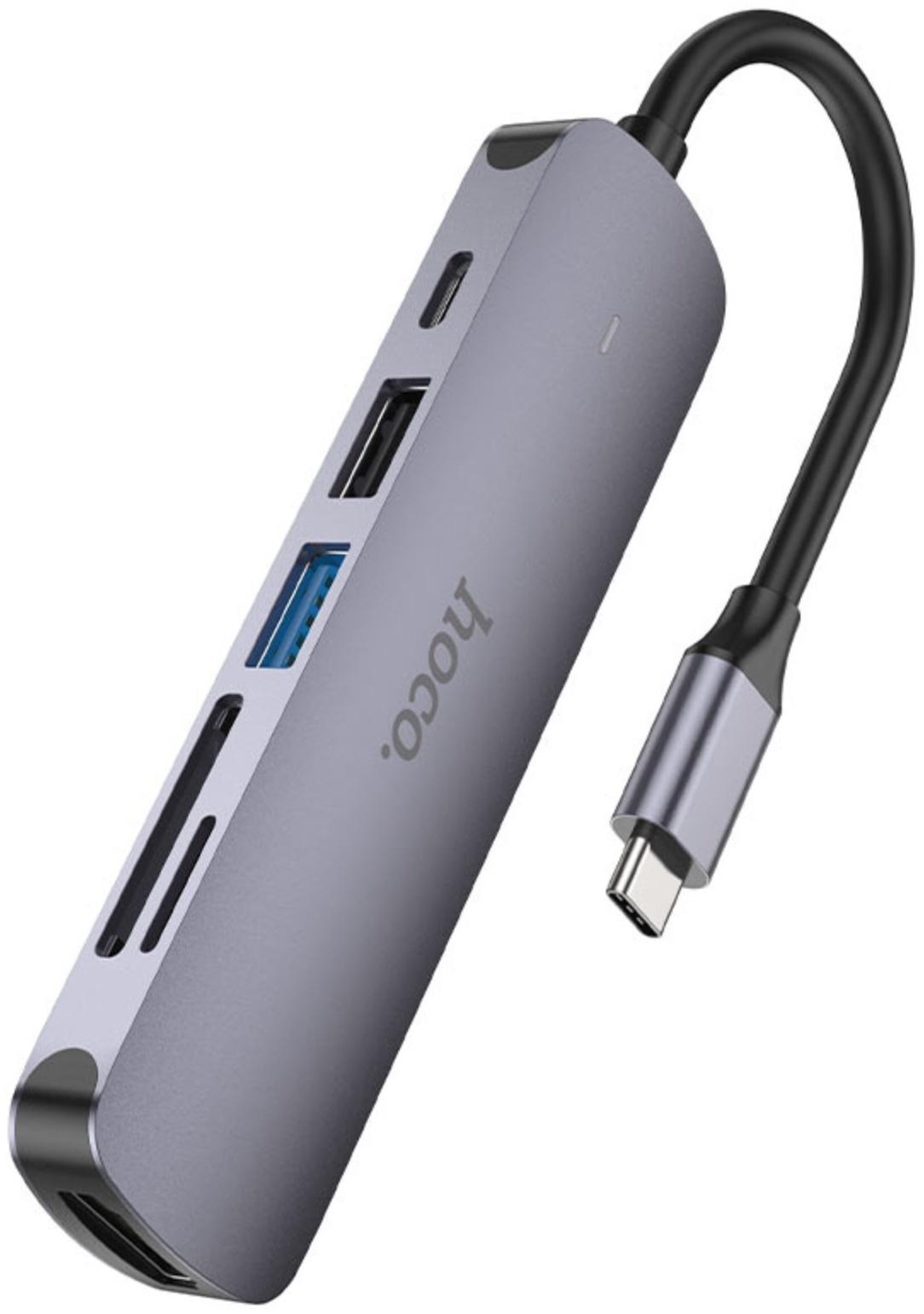 Адаптер Hoco HB28, HDMI/USB3.0/USB2.0/SD/TF/PD, 60 Вт, 3 А, 13.5 см, серый