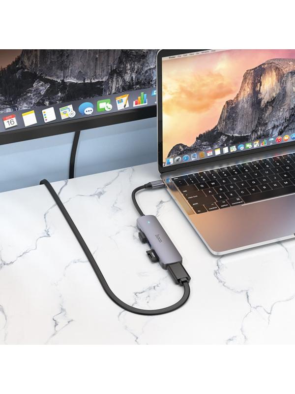 Адаптер Hoco HB28, HDMI/USB3.0/USB2.0/SD/TF/PD, 60 Вт, 3 А, 13.5 см, серый