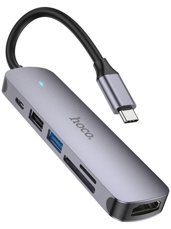Адаптер Hoco HB28, HDMI/USB3.0/USB2.0/SD/TF/PD, 60 Вт, 3 А, 13.5 см, серый