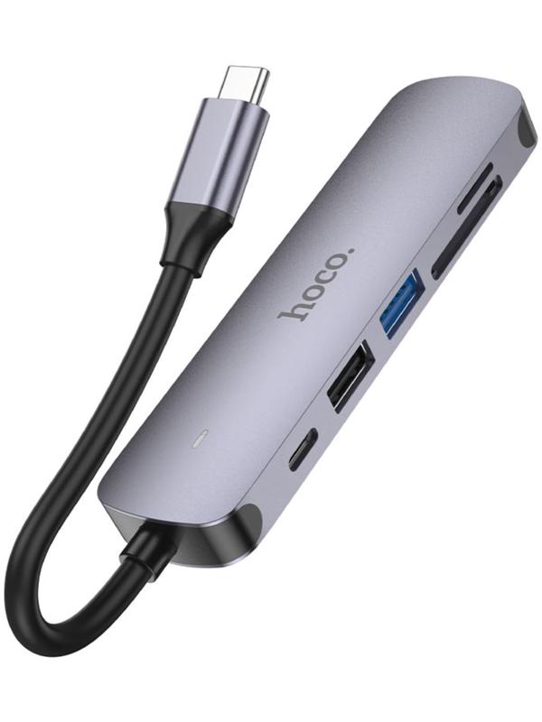 Адаптер Hoco HB28, HDMI/USB3.0/USB2.0/SD/TF/PD, 60 Вт, 3 А, 13.5 см, серый