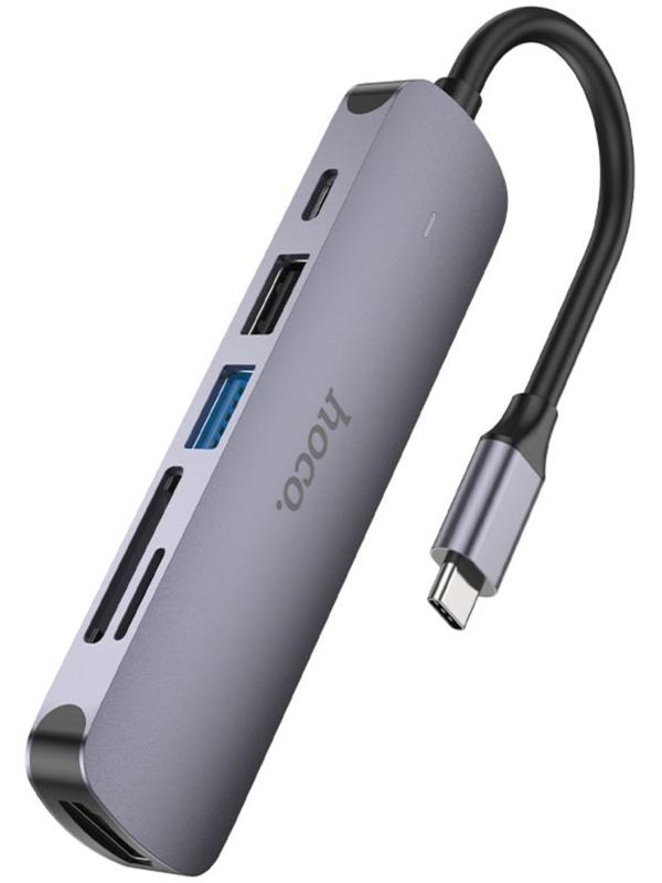 Адаптер Hoco HB28, HDMI/USB3.0/USB2.0/SD/TF/PD, 60 Вт, 3 А, 13.5 см, серый