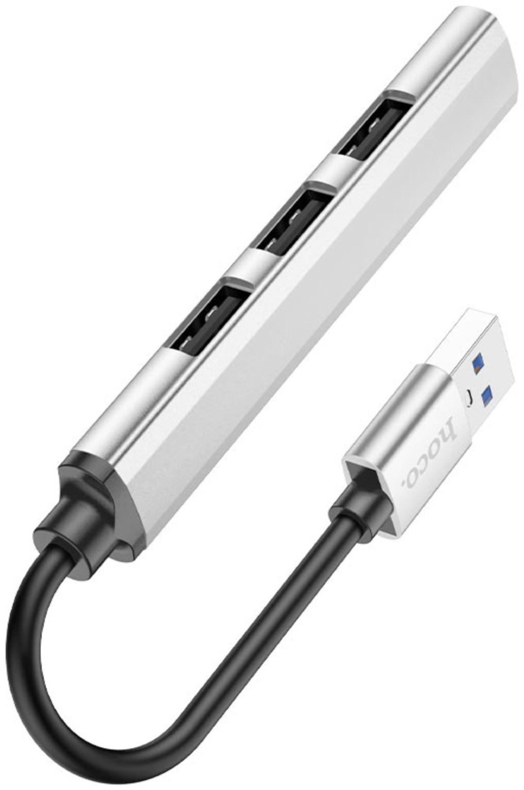 Адаптер Hoco HB26, 4 в 1, USB - USB3.0/USB2.0*3, длина кабеля 13 см, серебристый