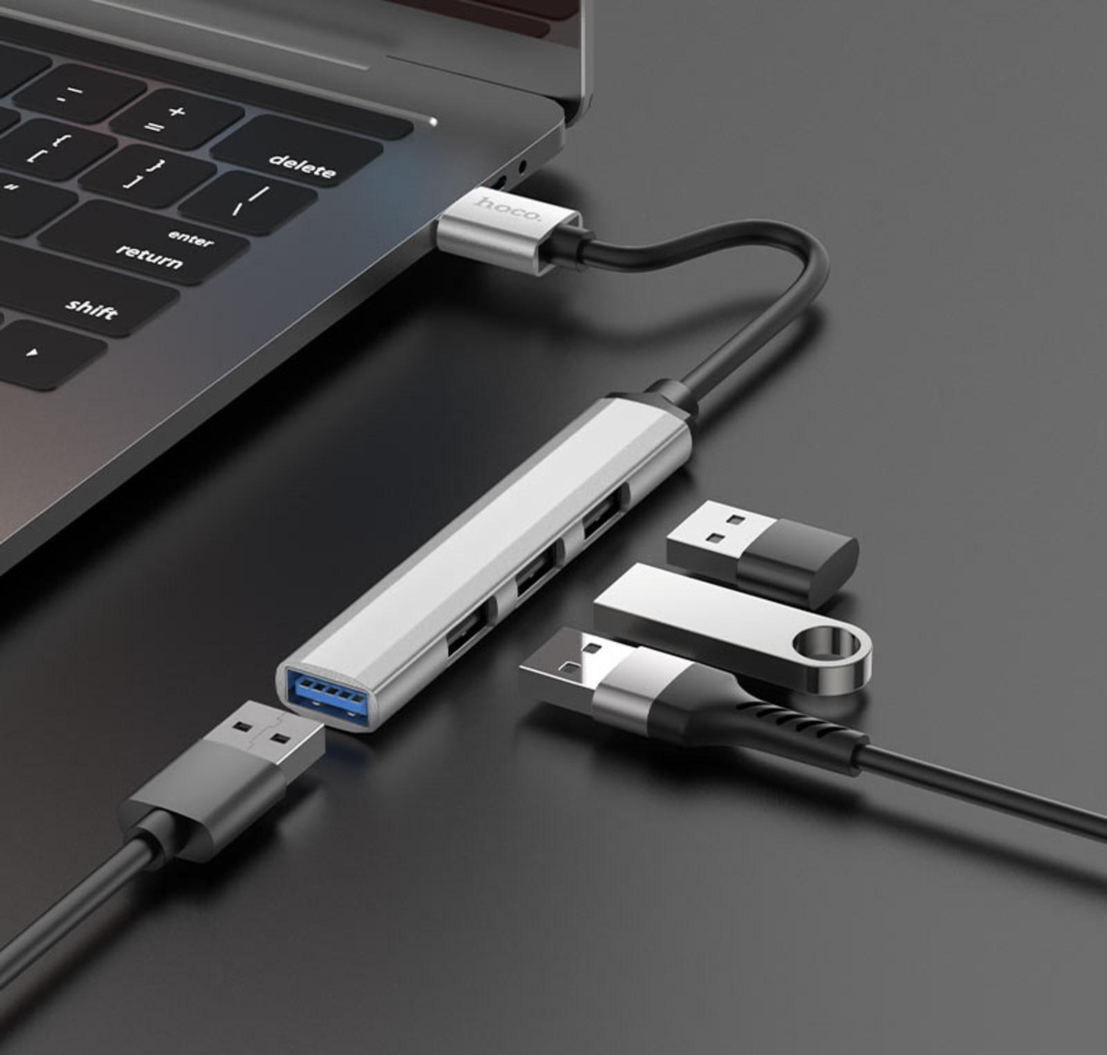 Адаптер Hoco HB26, 4 в 1, USB - USB3.0/USB2.0*3, длина кабеля 13 см, серебристый