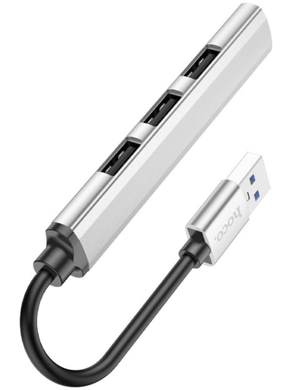 Адаптер Hoco HB26, 4 в 1, USB - USB3.0/USB2.0*3, длина кабеля 13 см, серебристый