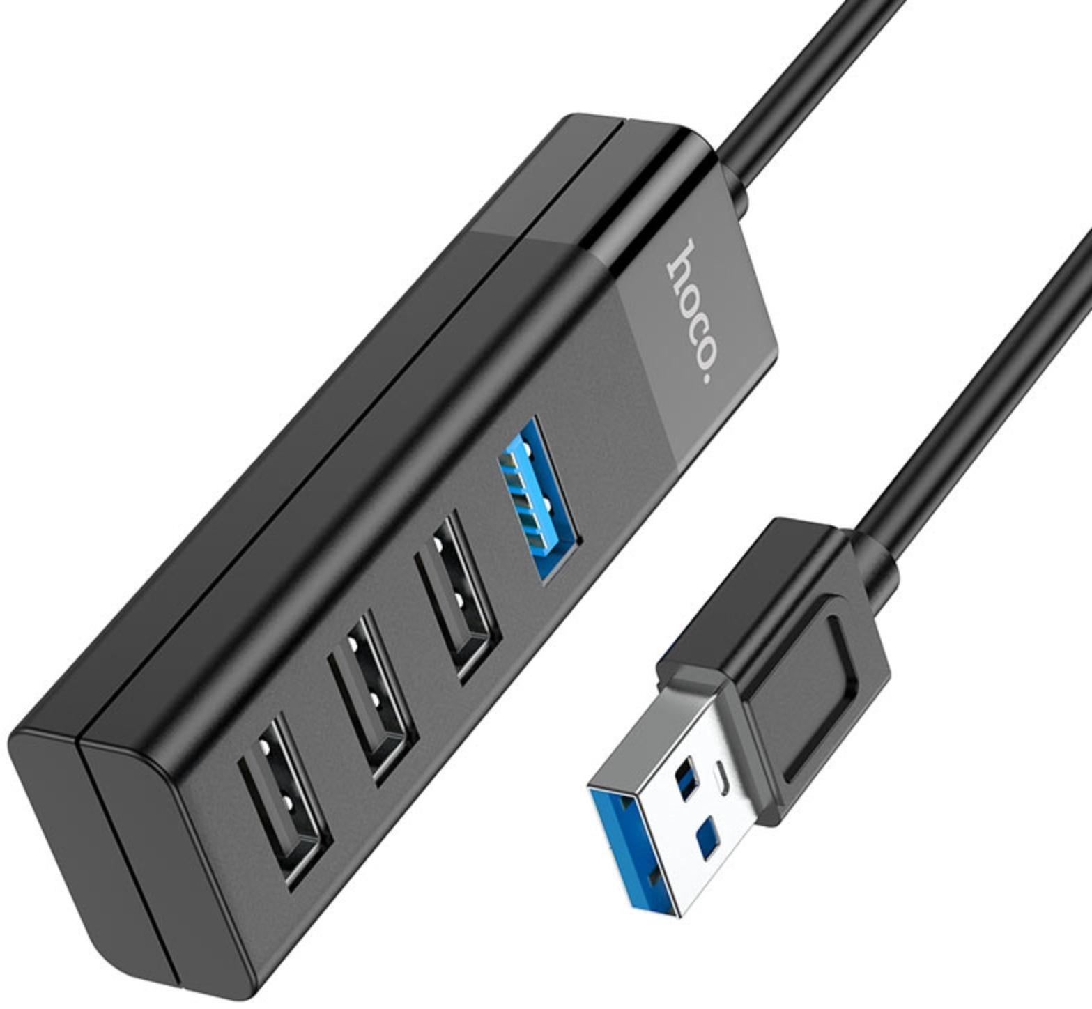 Адаптер Hoco HB25, 4 в 1, USB to USB3.0/USB2.0*3, длина кабеля 30 см, чёрный