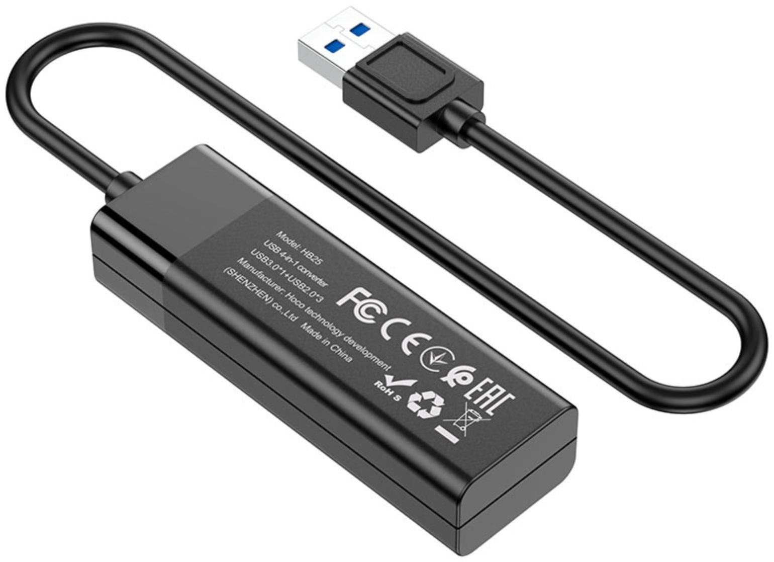 Адаптер Hoco HB25, 4 в 1, USB to USB3.0/USB2.0*3, длина кабеля 30 см, чёрный