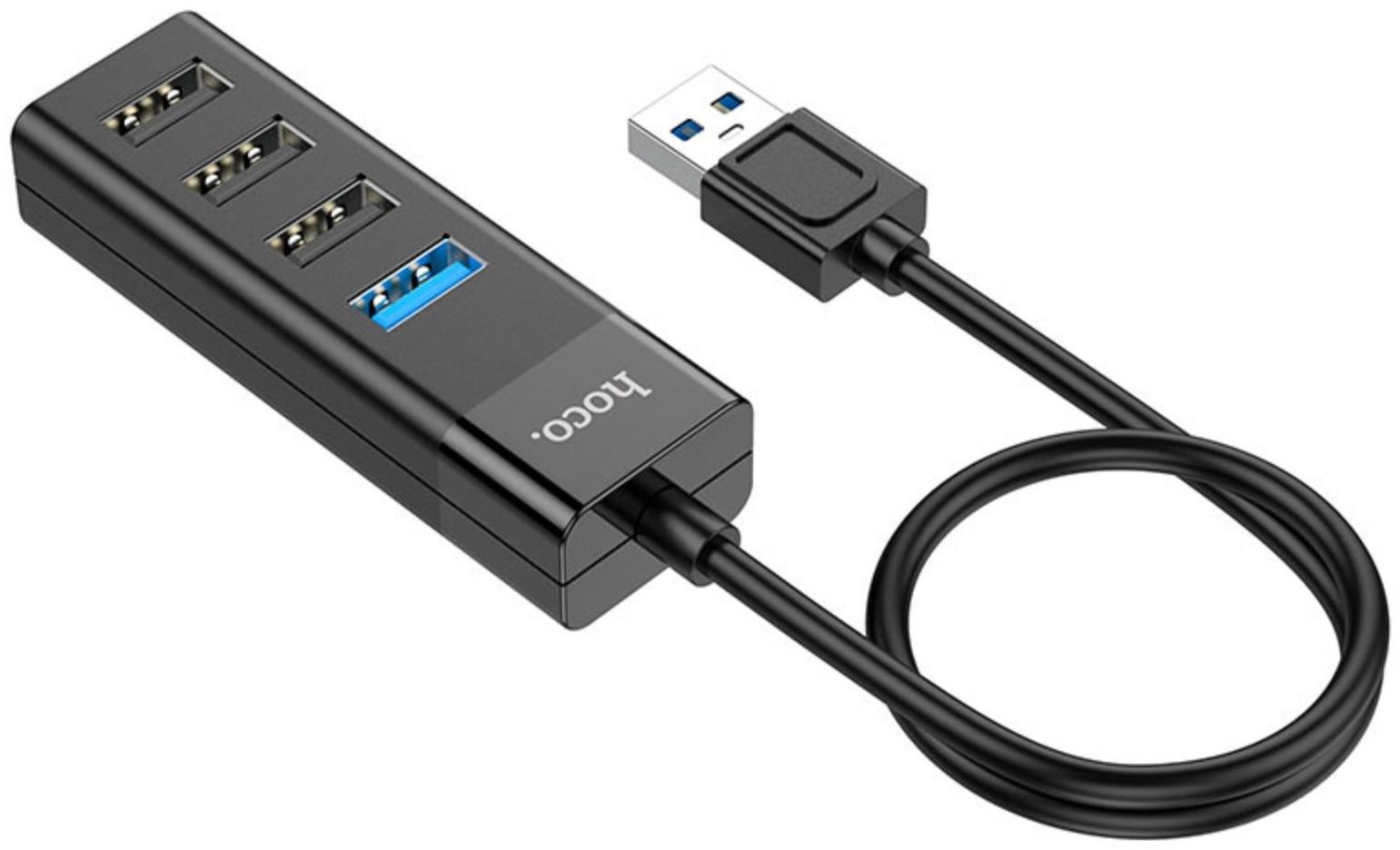 Адаптер Hoco HB25, 4 в 1, USB to USB3.0/USB2.0*3, длина кабеля 30 см, чёрный
