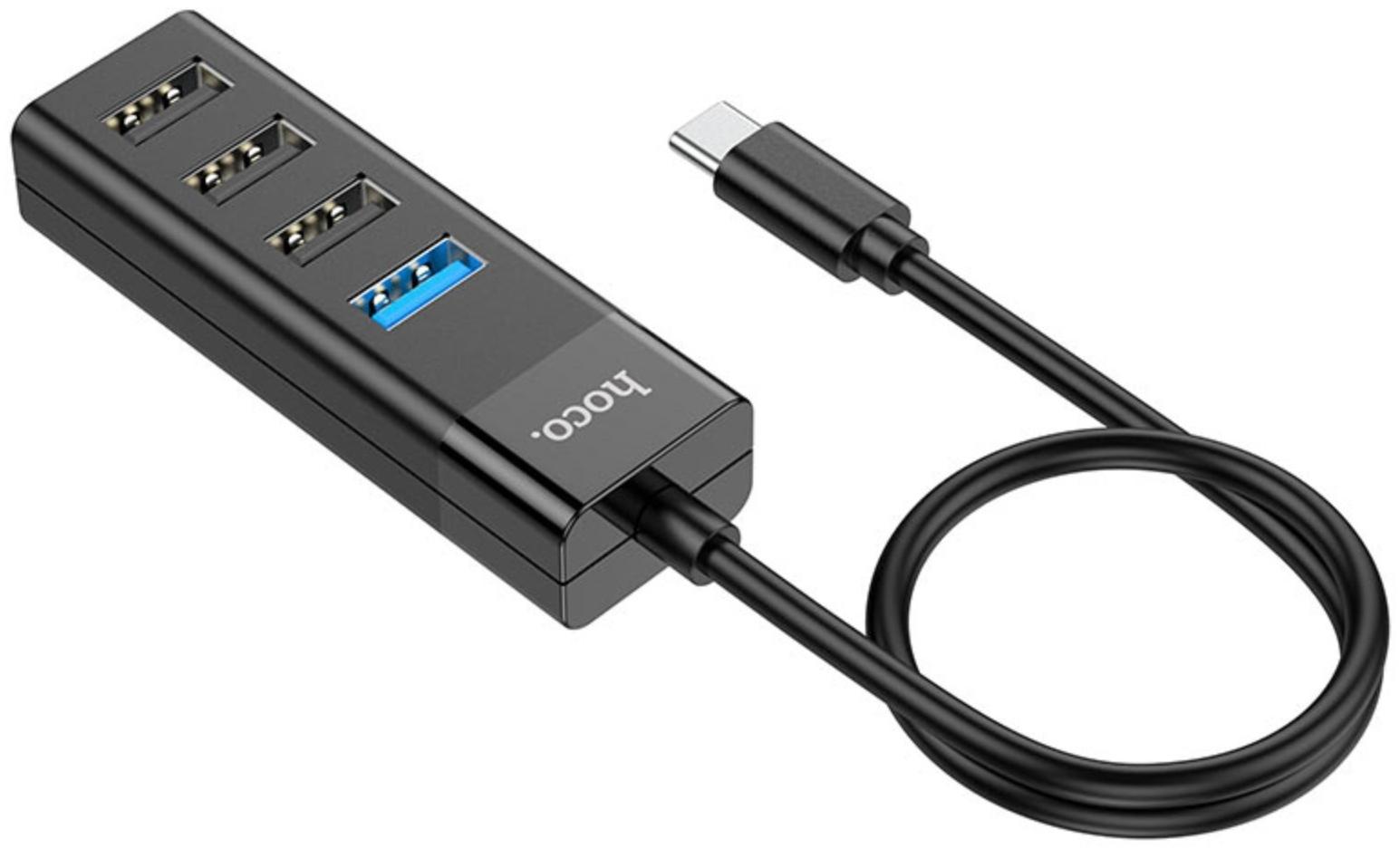 Адаптер Hoco HB25, 4 в 1, Type-C to USB3.0/USB2.0*3, длина кабеля 30 см, чёрный