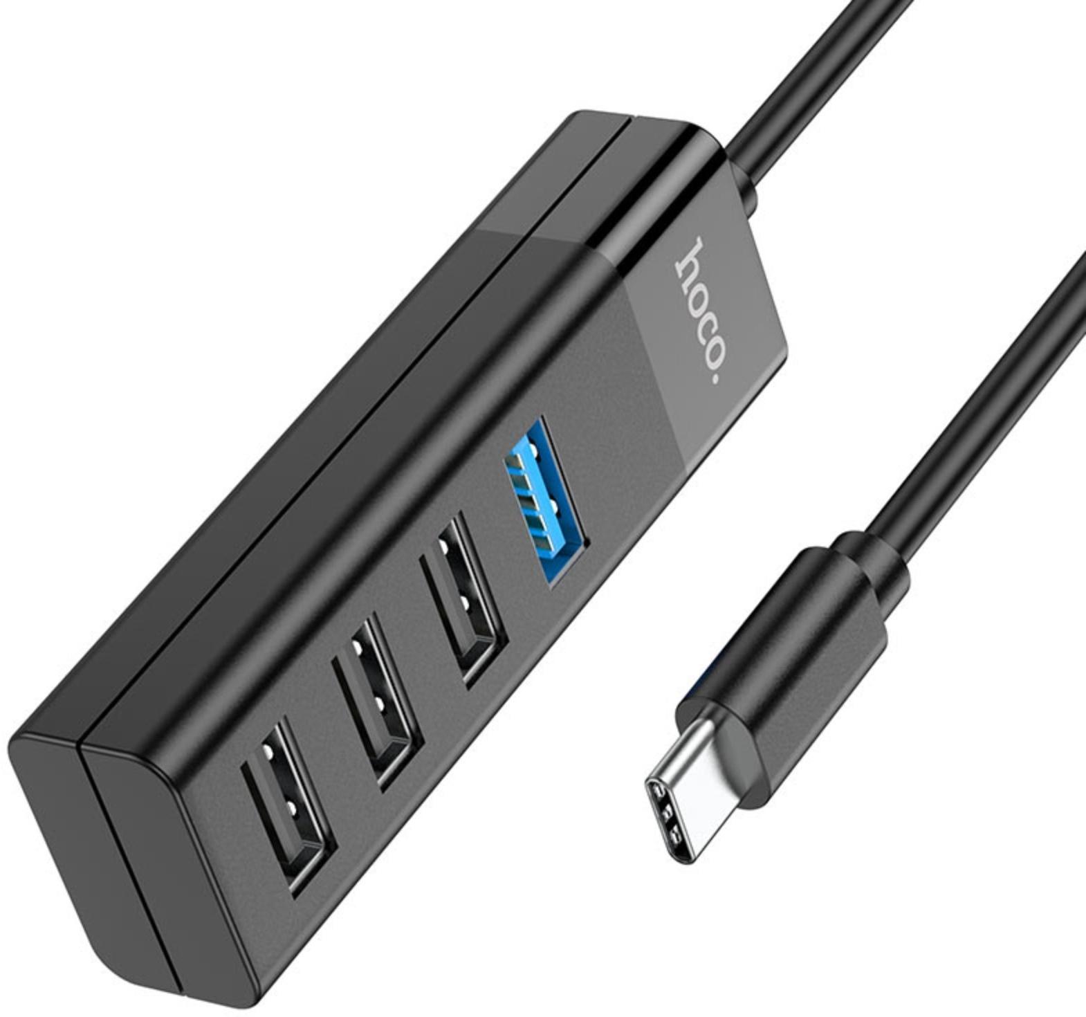 Адаптер Hoco HB25, 4 в 1, Type-C to USB3.0/USB2.0*3, длина кабеля 30 см, чёрный