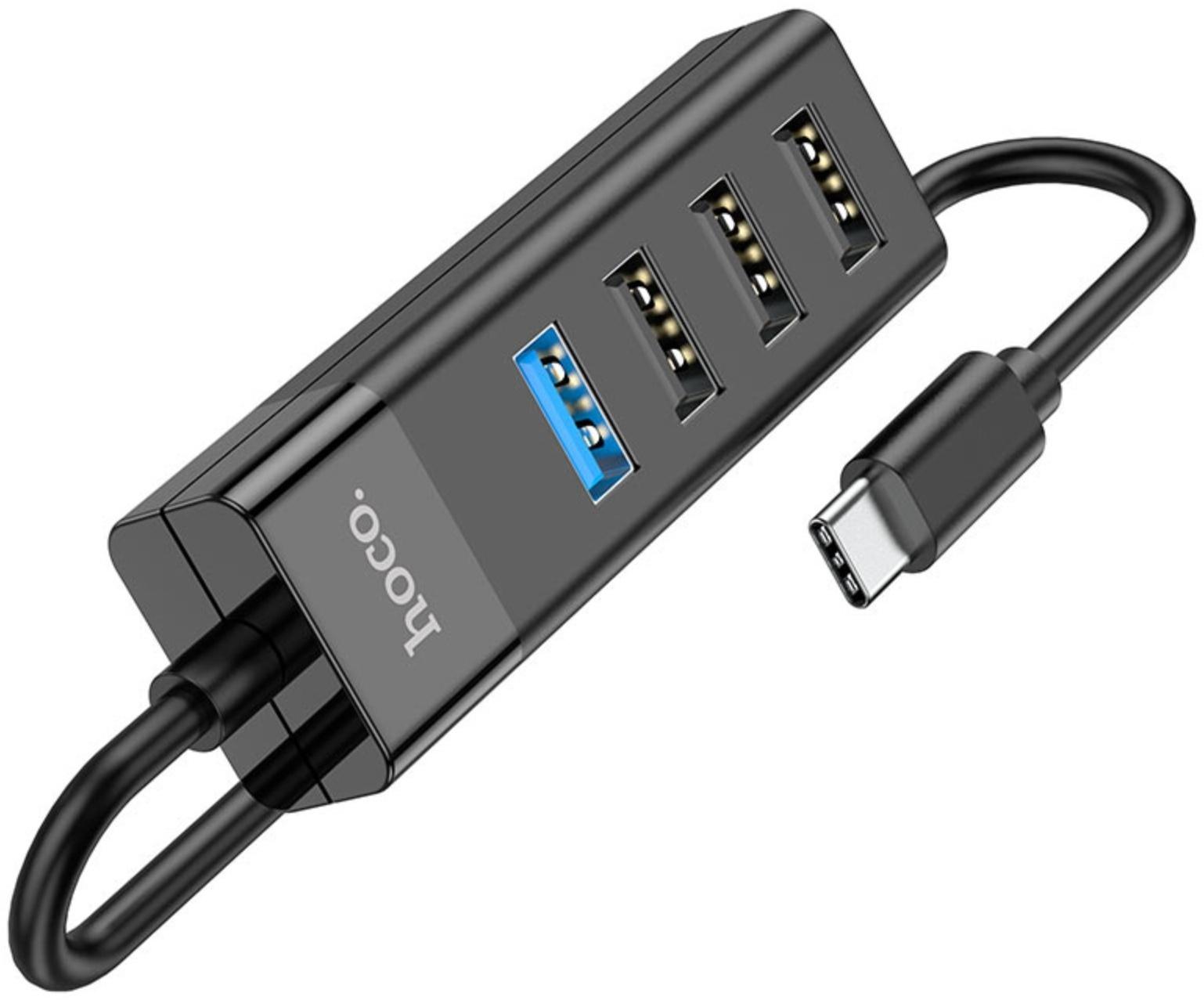 Адаптер Hoco HB25, 4 в 1, Type-C to USB3.0/USB2.0*3, длина кабеля 30 см, чёрный