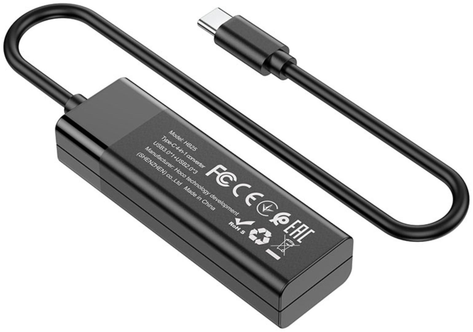 Адаптер Hoco HB25, 4 в 1, Type-C to USB3.0/USB2.0*3, длина кабеля 30 см, чёрный