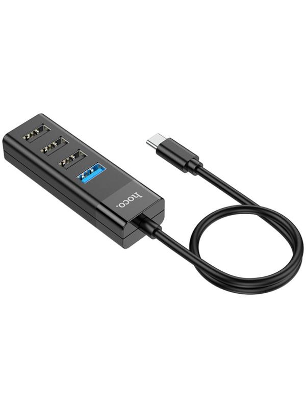 Адаптер Hoco HB25, 4 в 1, Type-C to USB3.0/USB2.0*3, длина кабеля 30 см, чёрный