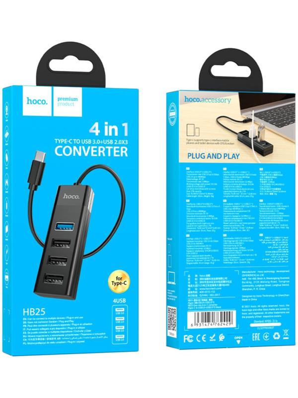 Адаптер Hoco HB25, 4 в 1, Type-C to USB3.0/USB2.0*3, длина кабеля 30 см, чёрный
