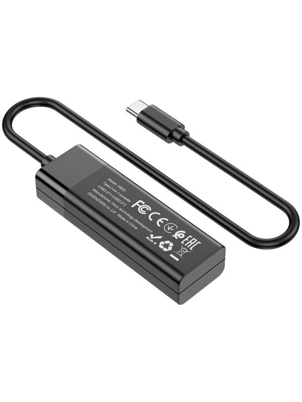 Адаптер Hoco HB25, 4 в 1, Type-C to USB3.0/USB2.0*3, длина кабеля 30 см, чёрный