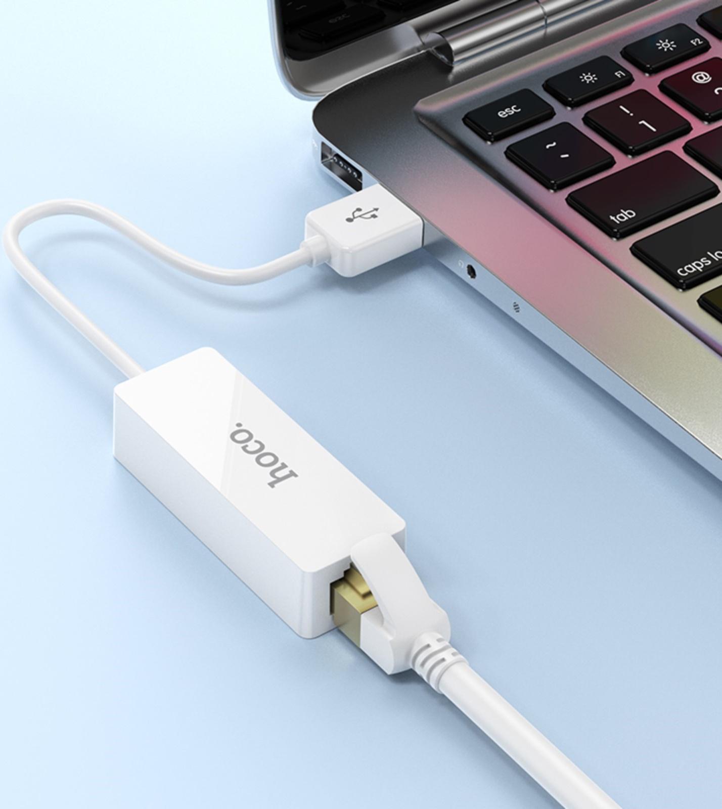 Адаптер Hoco UA22, USB-A - ethernet (100 Мб), 15 см, белый