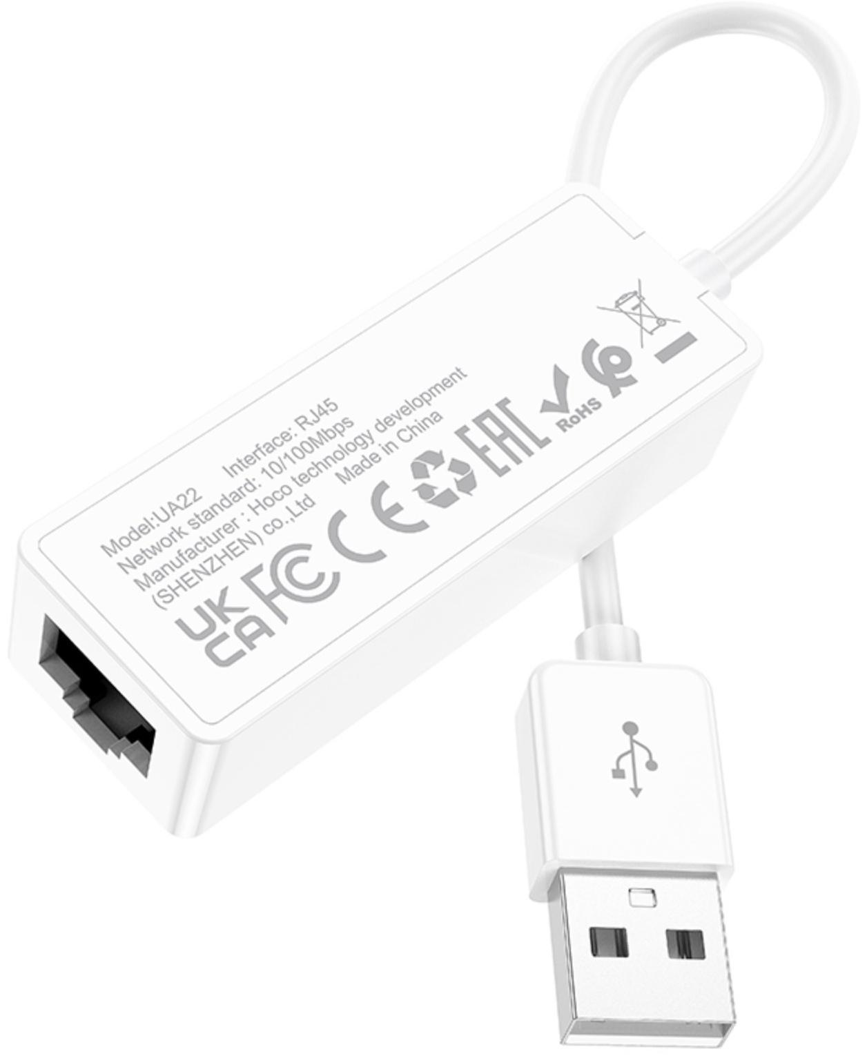 Адаптер Hoco UA22, USB-A - ethernet (100 Мб), 15 см, белый