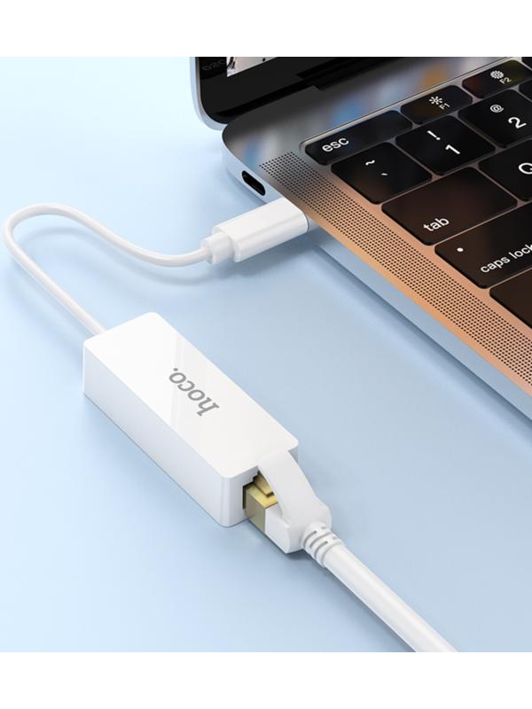 Адаптер Hoco UA22, Type-C - ethernet (100 Мб), 15 см, белый
