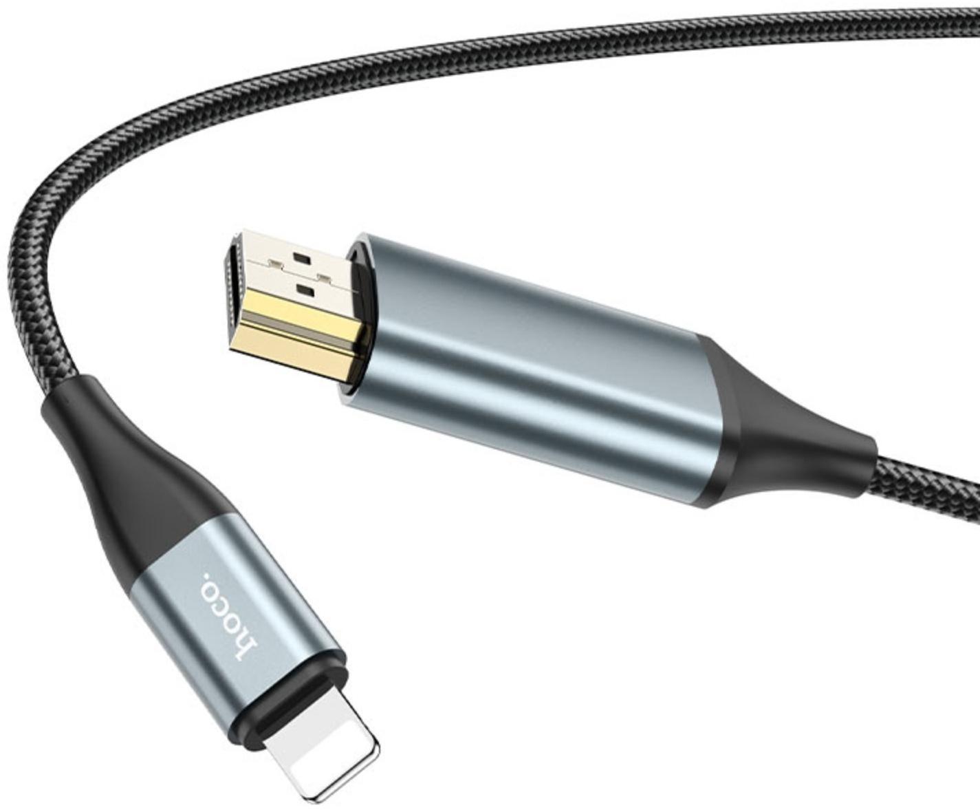 Адаптер Hoco UA15, Lightning - HDMI, 2 м, алюминиевый сплав + плетеный провод, серый