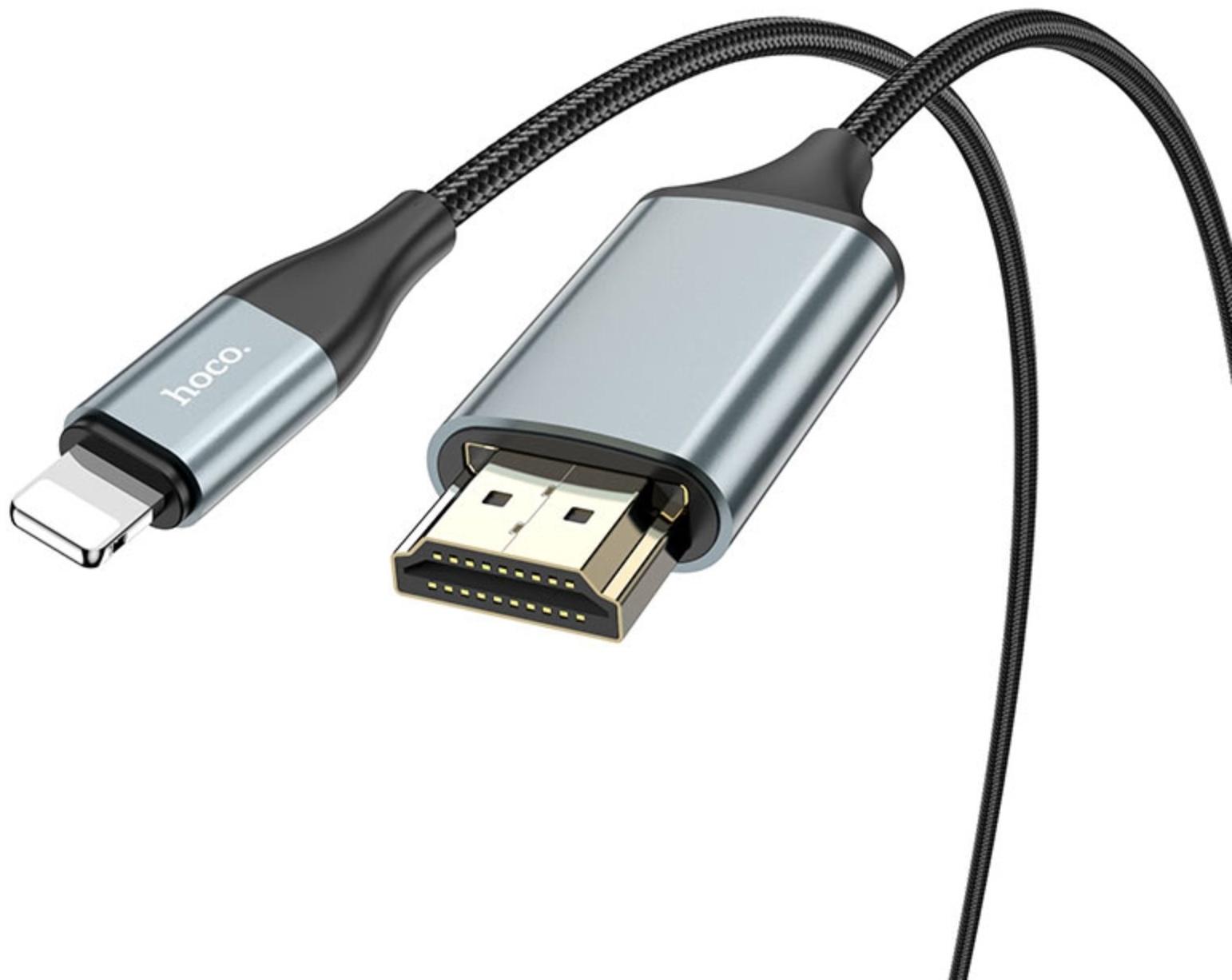 Адаптер Hoco UA15, Lightning - HDMI, 2 м, алюминиевый сплав + плетеный провод, серый