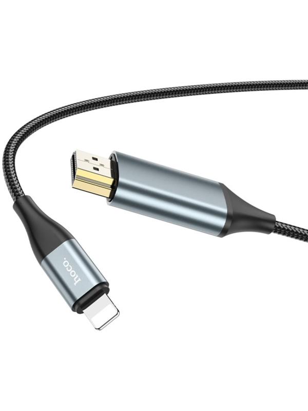 Адаптер Hoco UA15, Lightning - HDMI, 2 м, алюминиевый сплав + плетеный провод, серый