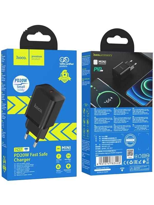 Сетевое зарядное устройство Hoco N27, 1 Type-C, 20 Вт, PD + QC, чёрное